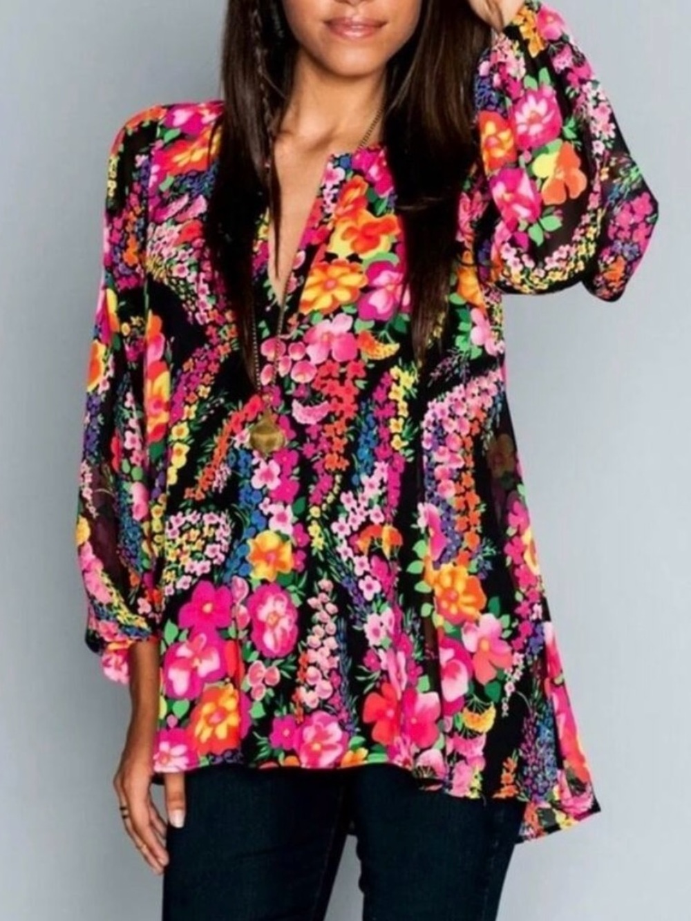 Show Me Your Mumu Bright Floral V-Neck Oversized Blouse - Multicolor